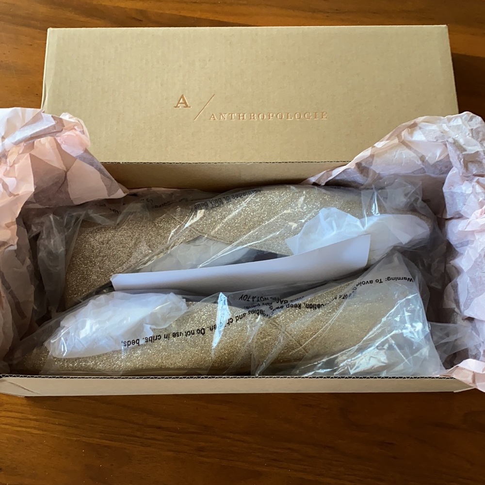 Anthropologie Gold Glitter Flats with Cream Bow - Picture 8 of 12